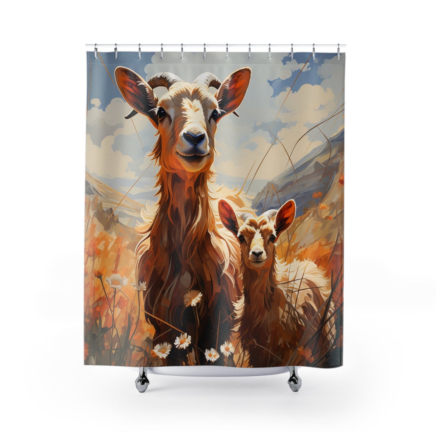 Mountain Goat with baby- Watercolor Print -Horned Wildlife Art - Brown and White Goat Grazing, Bathroom Decor, Artwork Shower Curtain