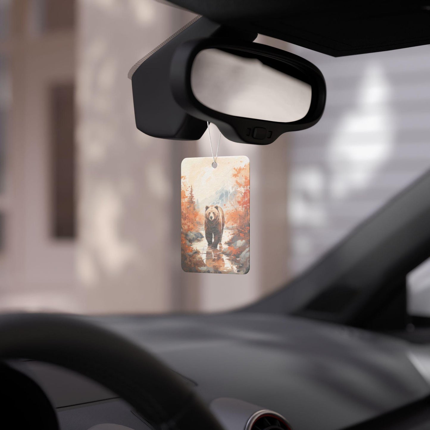 Car Air Freshener, Grizzly Bear Watercolor Art, Mountain Fall Scene, Wilderness Scented Auto Hanging Charm, Vehicle Deodorizer,