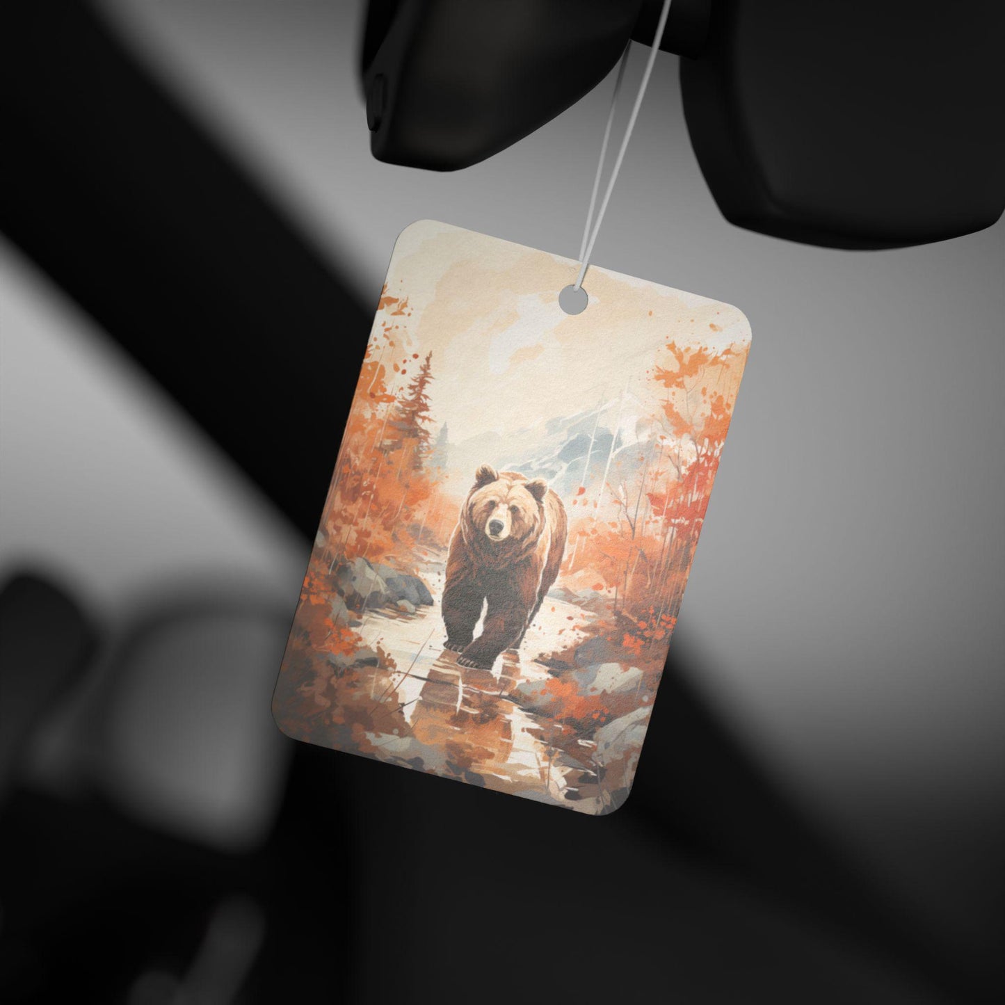 Car Air Freshener, Grizzly Bear Watercolor Art, Mountain Fall Scene, Wilderness Scented Auto Hanging Charm, Vehicle Deodorizer,