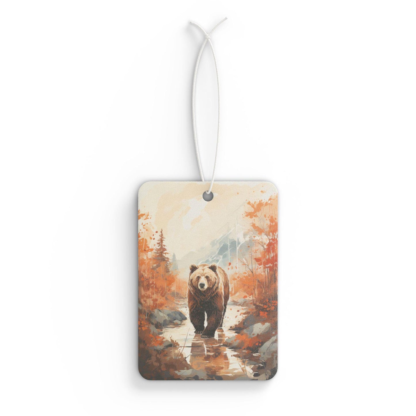 Car Air Freshener, Grizzly Bear Watercolor Art, Mountain Fall Scene, Wilderness Scented Auto Hanging Charm, Vehicle Deodorizer,