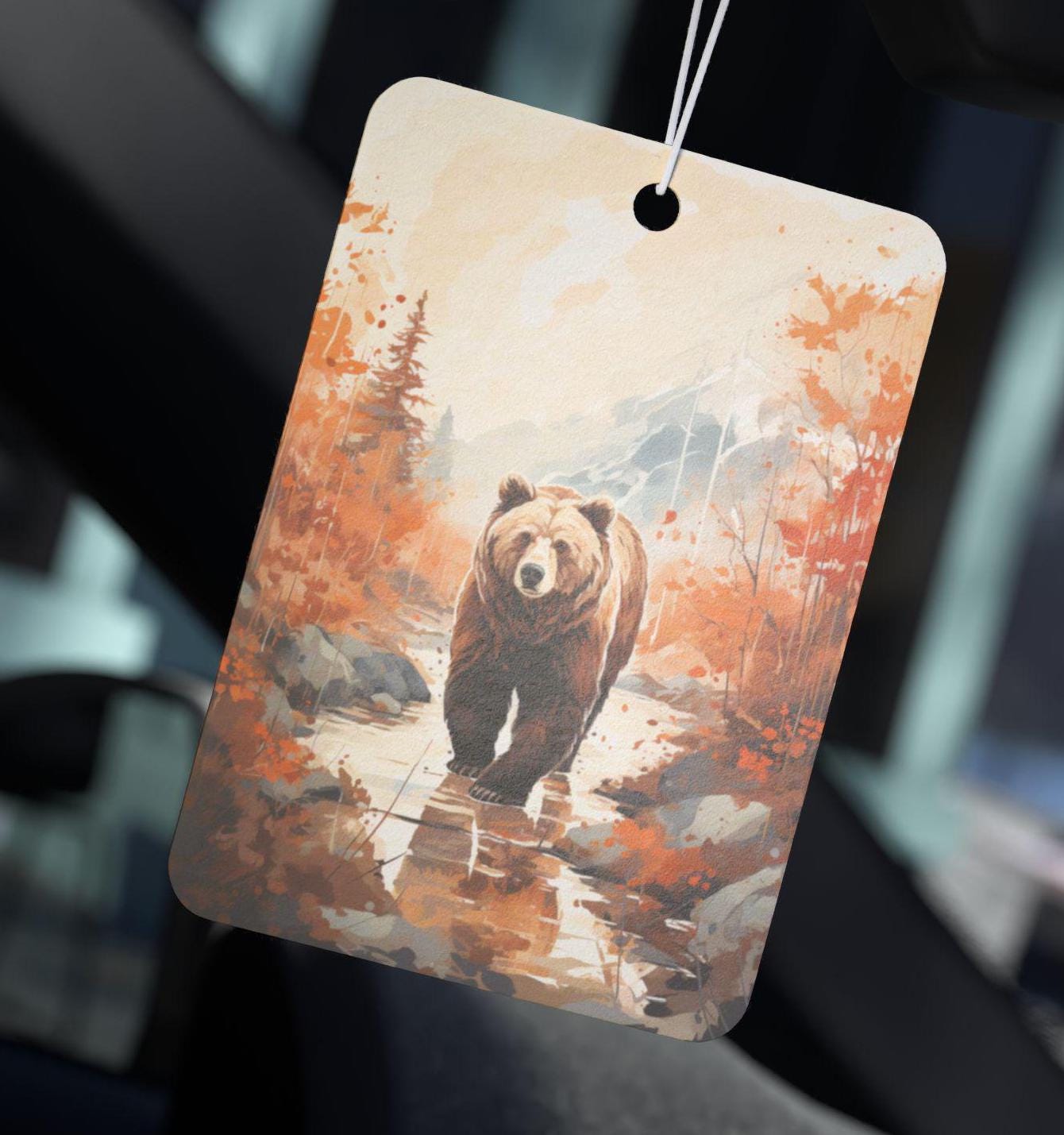 Car Air Freshener, Grizzly Bear Watercolor Art, Mountain Fall Scene, Wilderness Scented Auto Hanging Charm, Vehicle Deodorizer,