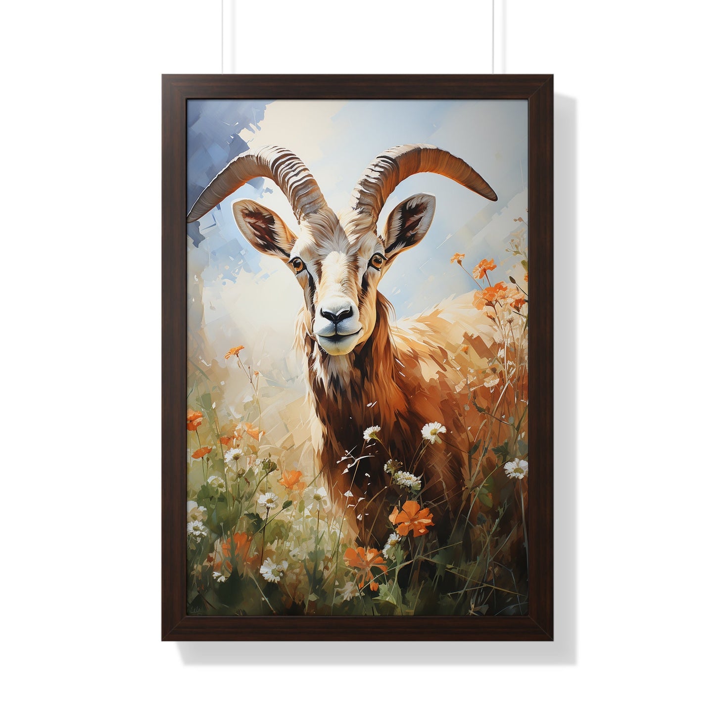 Mountain Goat Watercolor Print - Majestic Horned Wildlife Art - Nature Close-Up - Brown and White Goat Grazing
