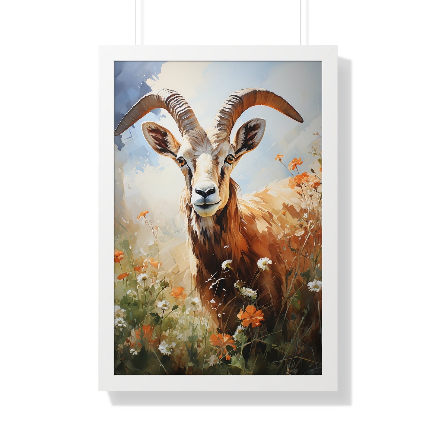 Mountain Goat Watercolor Print - Majestic Horned Wildlife Art - Nature Close-Up - Brown and White Goat Grazing