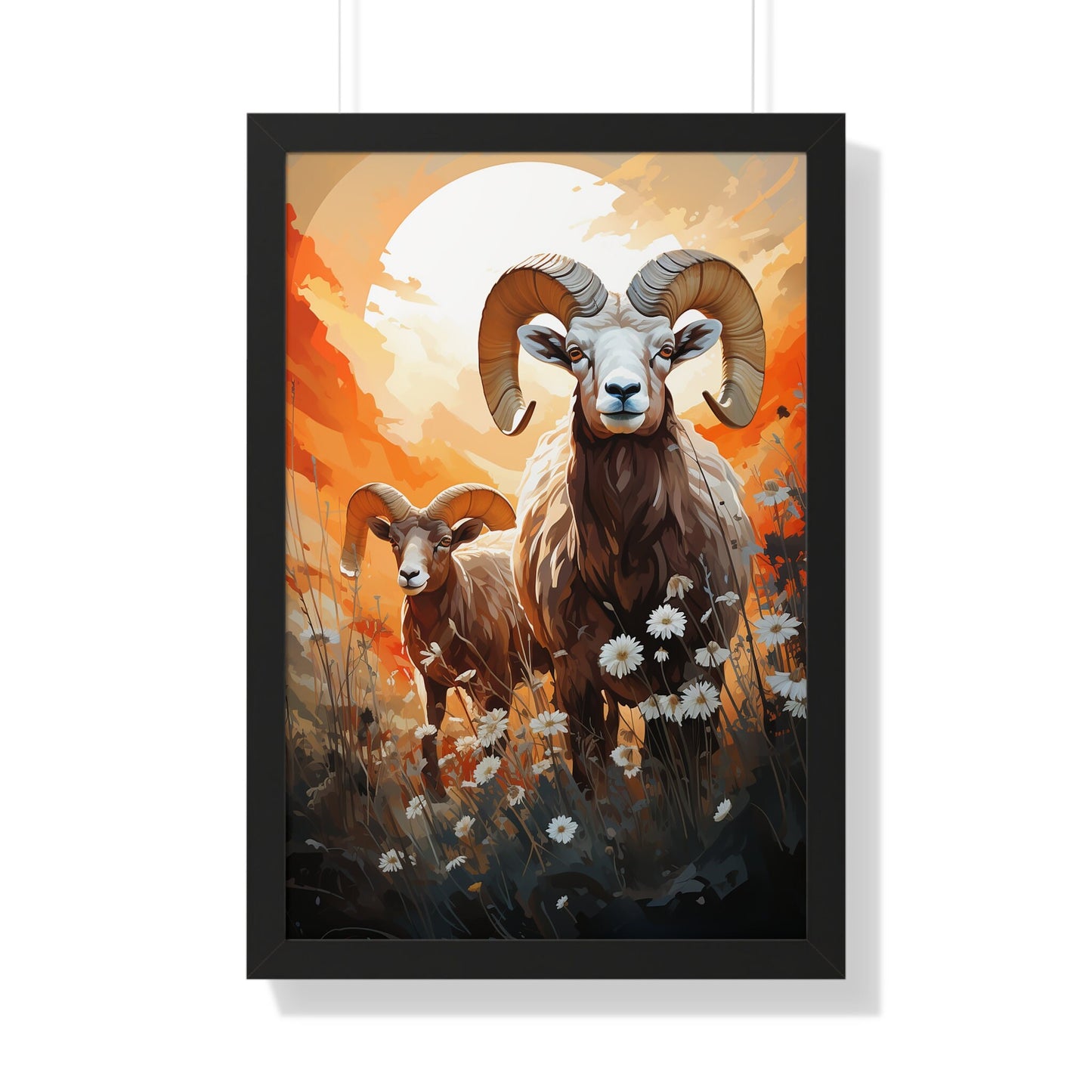 Mountain Rams Sunset Watercolor Print - Majestic Grazing Wildlife Art - Dual Rams in Sunset Glow