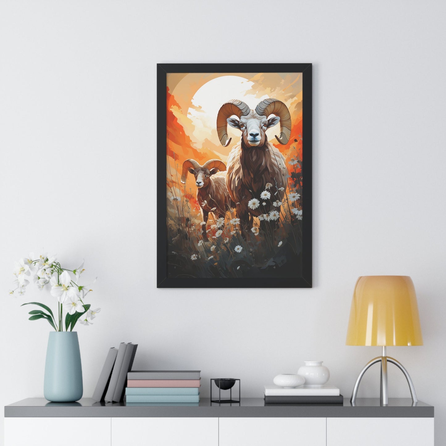Mountain Rams Sunset Watercolor Print - Majestic Grazing Wildlife Art - Dual Rams in Sunset Glow
