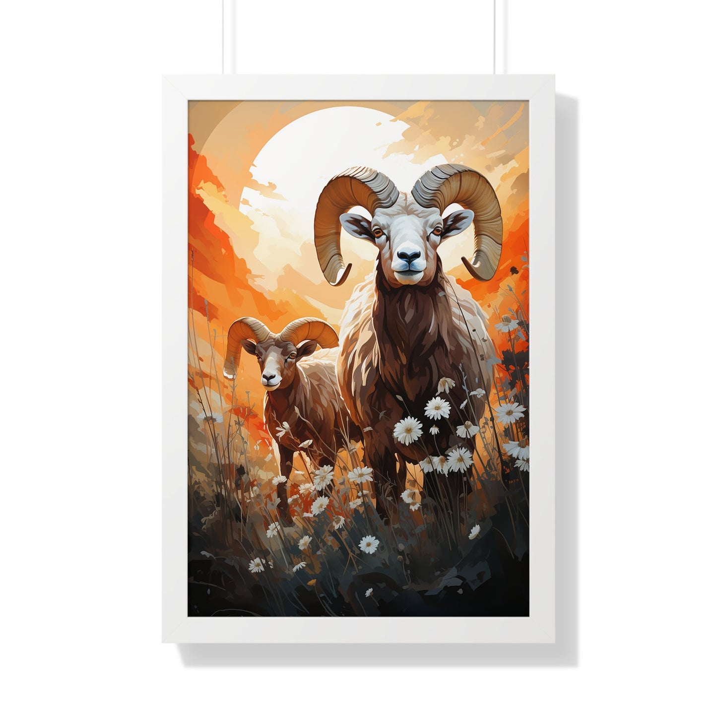 Mountain Rams Sunset Watercolor Print - Majestic Grazing Wildlife Art - Dual Rams in Sunset Glow