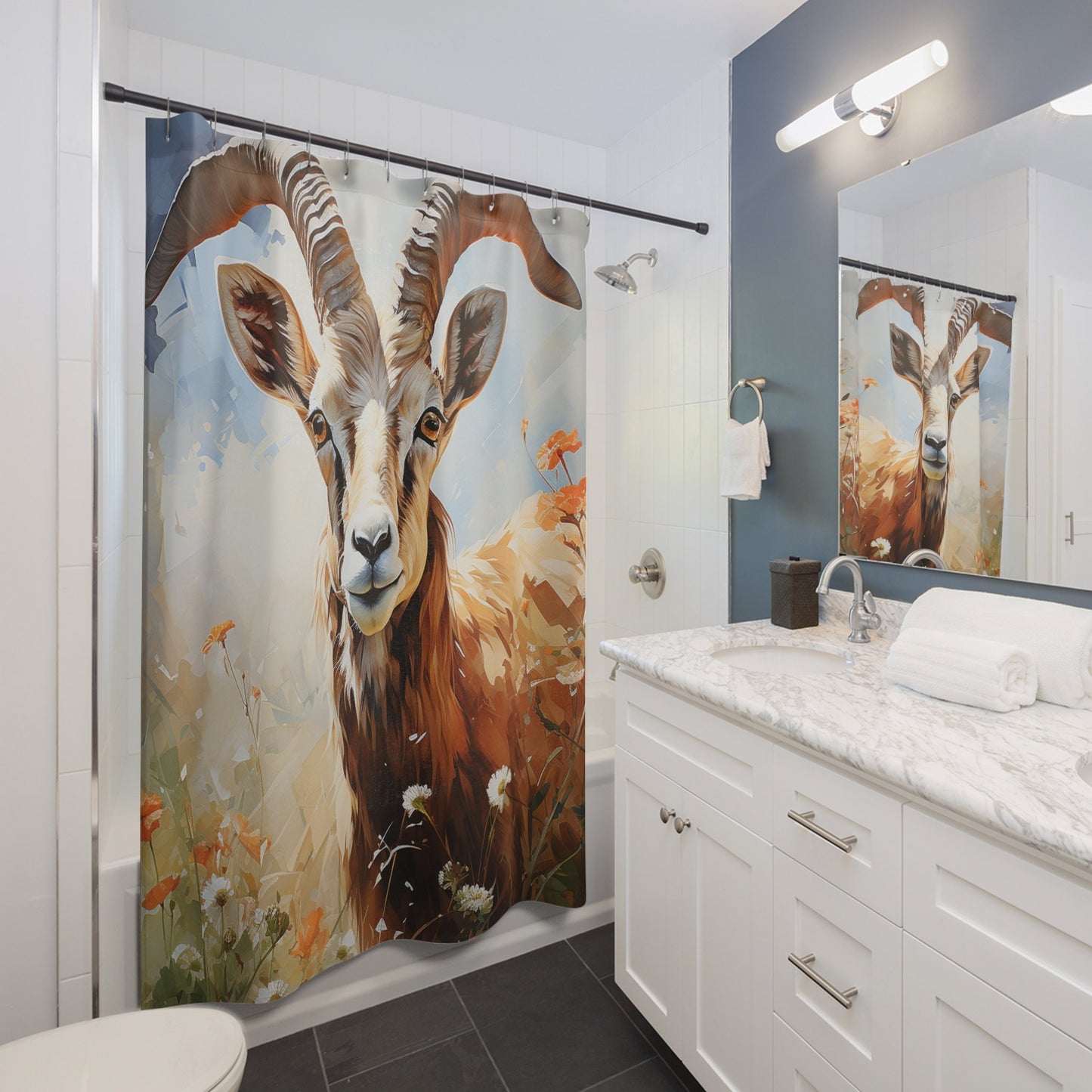 Mountain Goat Watercolor Print - Majestic Horned Wildlife Art, Watercolor Oil Painting, Bathroom Decor, Artwork Shower Curtain