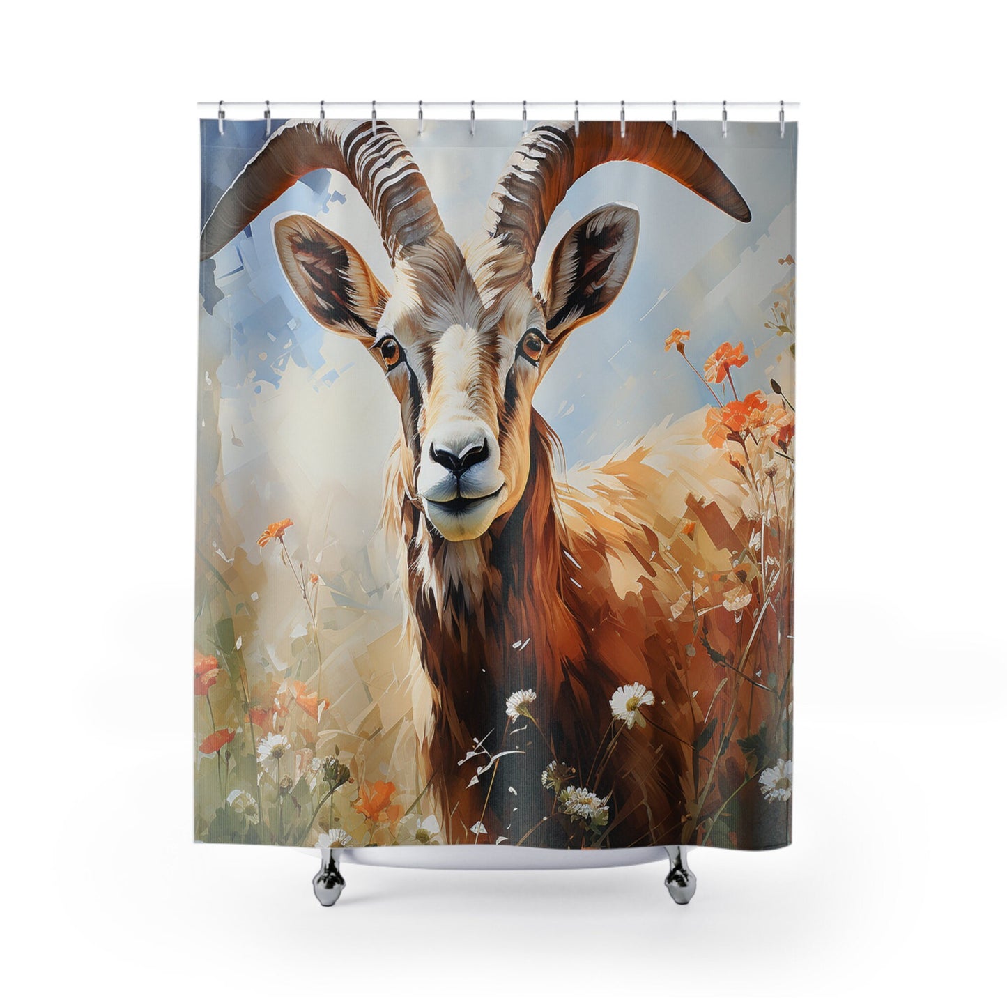 Mountain Goat Watercolor Print - Majestic Horned Wildlife Art, Watercolor Oil Painting, Bathroom Decor, Artwork Shower Curtain