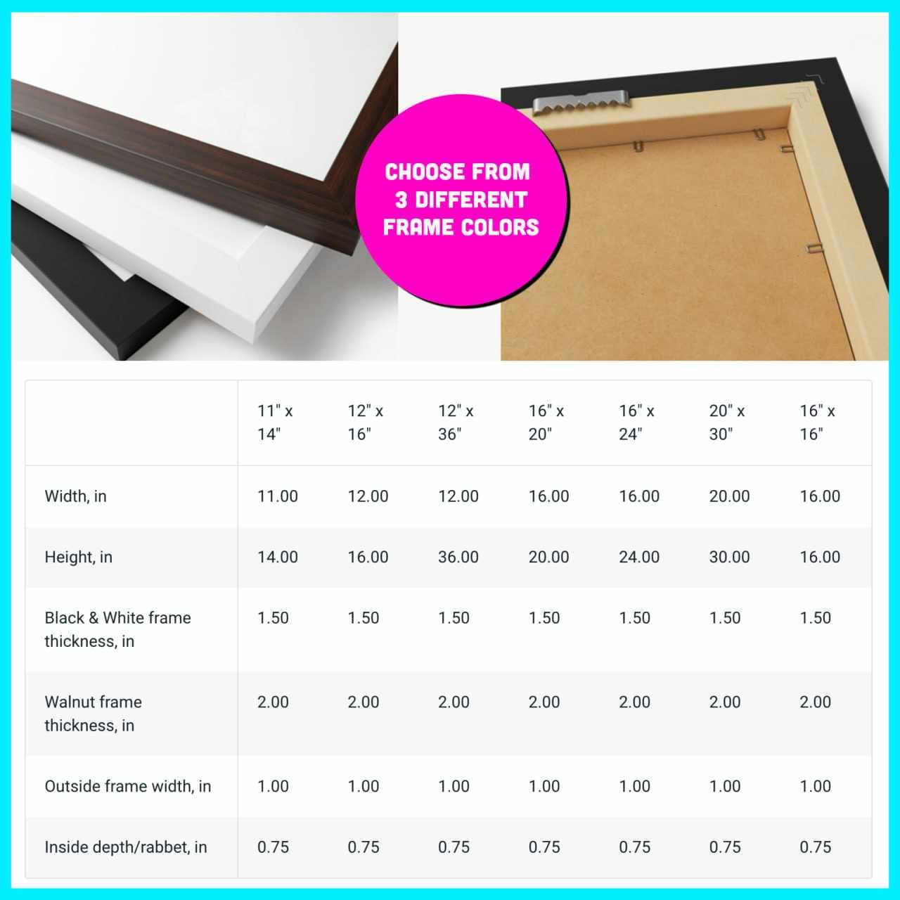 a picture frame with measurements for different frames